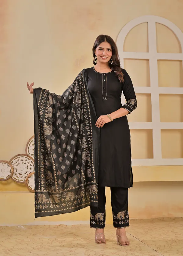 Wine_And_Black_Viscose_Rayon_Printed_Round_Neck_A-Line_Kurta_Pyjama_And_Dupatta_For_Women_And_Girls_|_Pack_Of_2