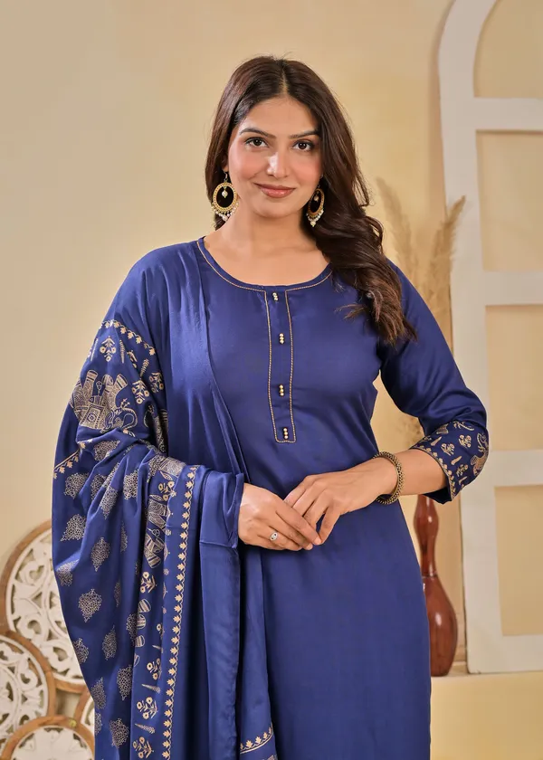 Blue_Viscose_Rayon_Printed_Round_Neck_A-Line_Kurta_Pyjama_And_Dupatta_For_Women_And_Girls