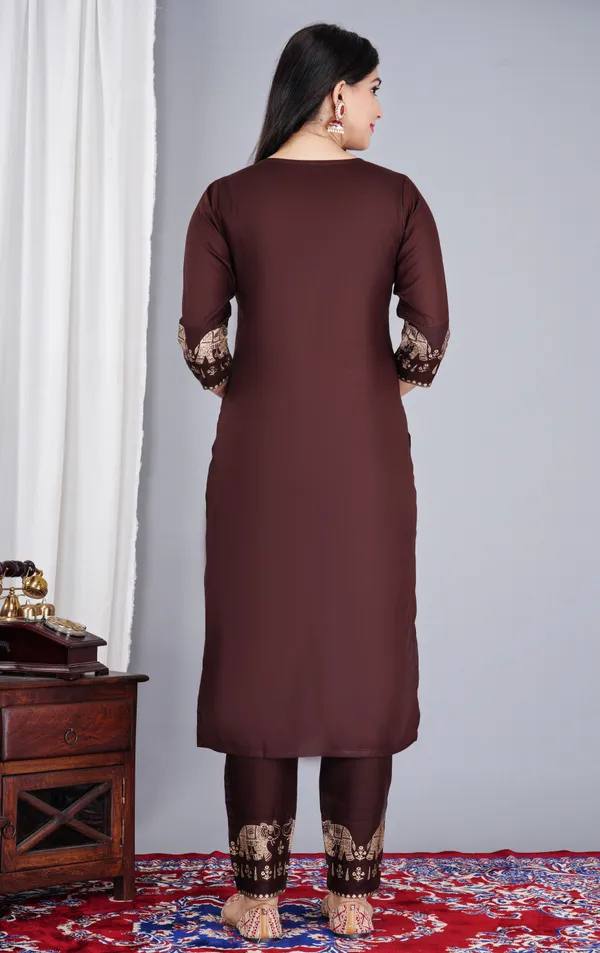 Brown_And_Blue_Viscose_Rayon_Printed_Round_Neck_A-Line_Kurta_Pyjama_And_Dupatta_For_Women_And_Girls_|_Pack_Of_2