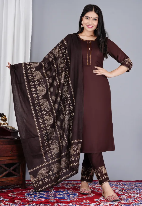 Brown_And_Blue_Viscose_Rayon_Printed_Round_Neck_A-Line_Kurta_Pyjama_And_Dupatta_For_Women_And_Girls_|_Pack_Of_2