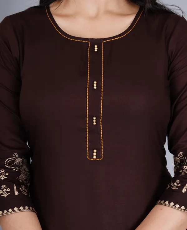 Brown_And_Blue_Viscose_Rayon_Printed_Round_Neck_A-Line_Kurta_Pyjama_And_Dupatta_For_Women_And_Girls_|_Pack_Of_2