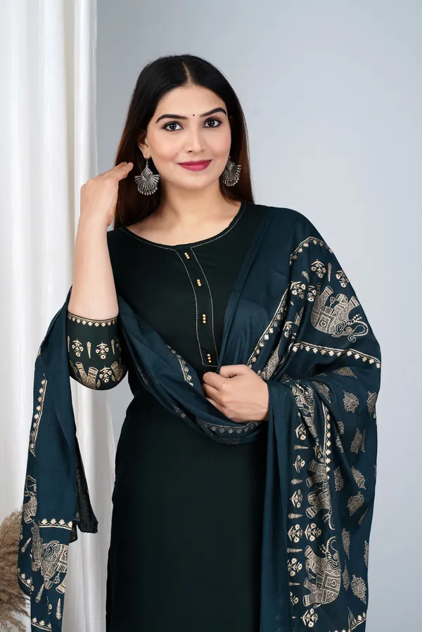 Dark_Green_Viscose_Rayon_Printed_Round_Neck_A-Line_Kurta_Pyjama_And_Dupatta_For_Women_And_Girls