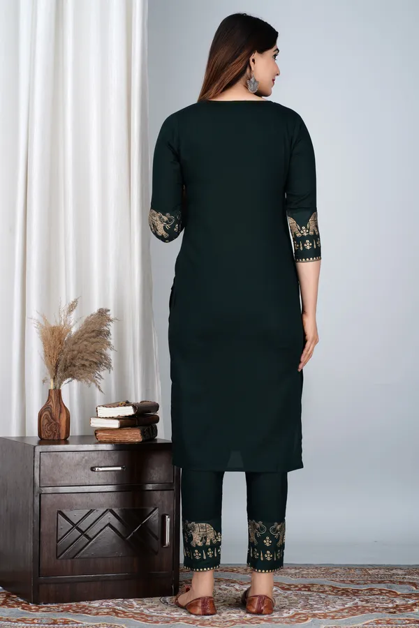 Dark_Green_Viscose_Rayon_Printed_Round_Neck_A-Line_Kurta_Pyjama_And_Dupatta_For_Women_And_Girls