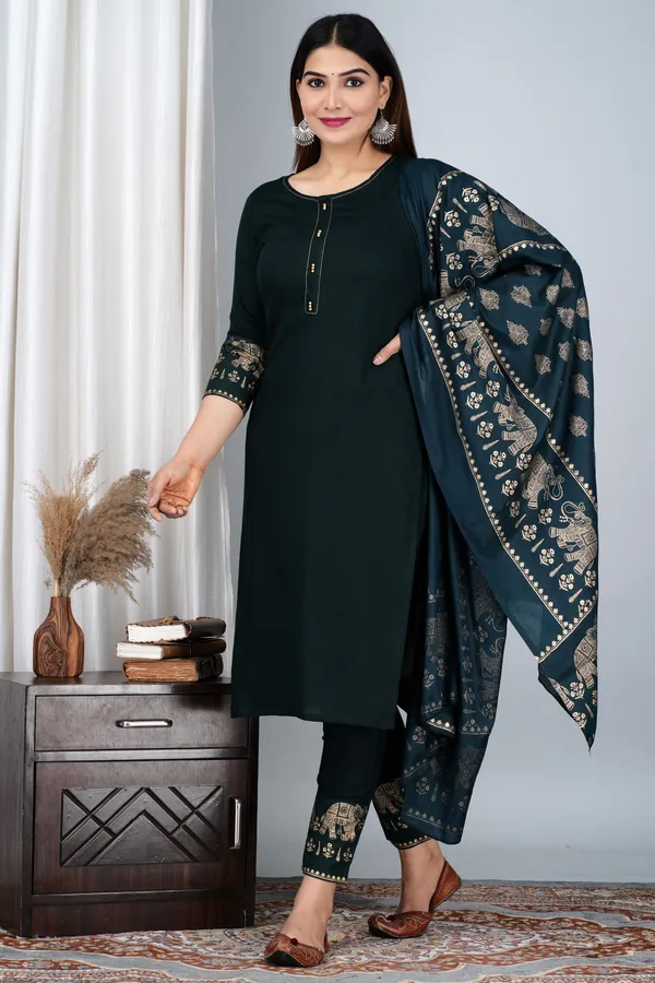 Dark_Green_Viscose_Rayon_Printed_Round_Neck_A-Line_Kurta_Pyjama_And_Dupatta_For_Women_And_Girls