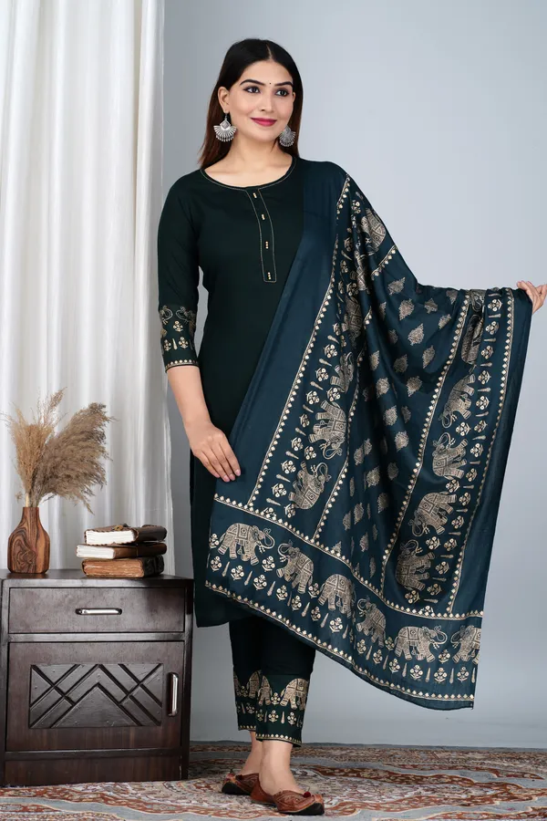 Dark_Green_Viscose_Rayon_Printed_Round_Neck_A-Line_Kurta_Pyjama_And_Dupatta_For_Women_And_Girls