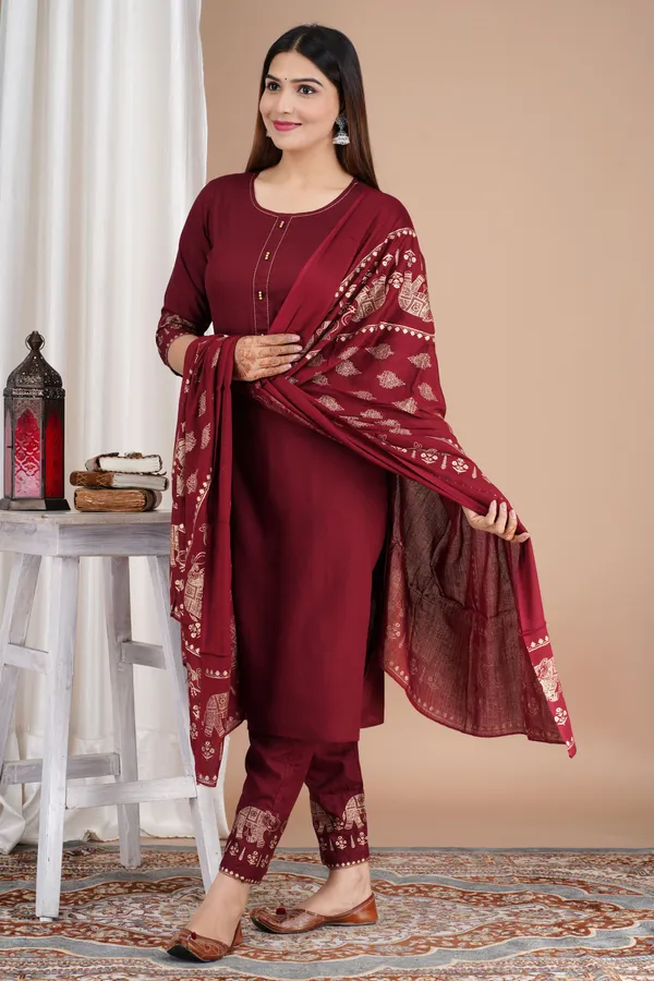 Maroon_Viscose_Rayon_Printed_Round_Neck_A-Line_Kurta_Pyjama_And_Dupatta_For_Women_And_Girls