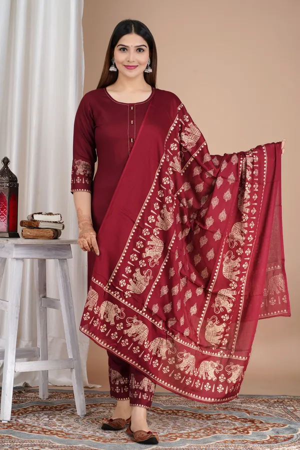 Maroon_Viscose_Rayon_Printed_Round_Neck_A-Line_Kurta_Pyjama_And_Dupatta_For_Women_And_Girls