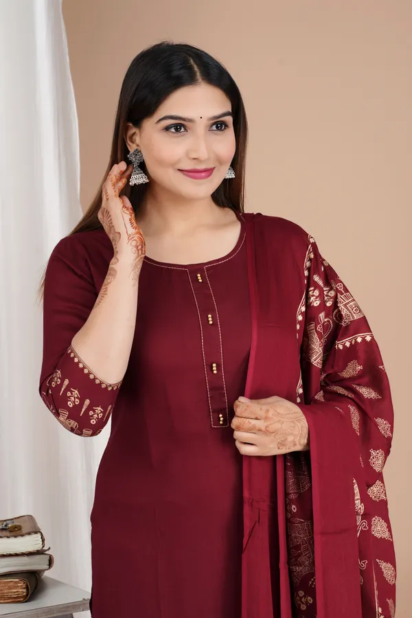 Maroon_Viscose_Rayon_Printed_Round_Neck_A-Line_Kurta_Pyjama_And_Dupatta_For_Women_And_Girls
