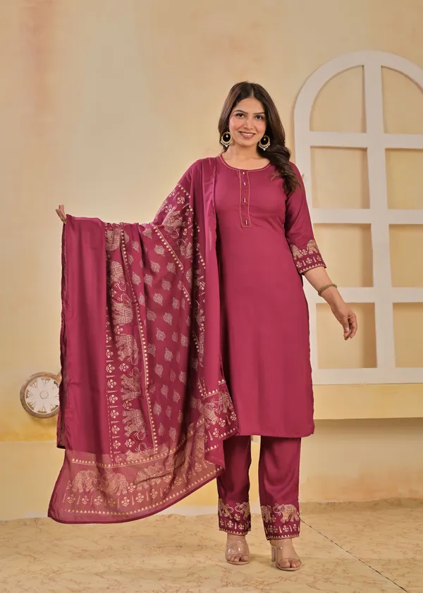 Wine_And_Black_Viscose_Rayon_Printed_Round_Neck_A-Line_Kurta_Pyjama_And_Dupatta_For_Women_And_Girls_|_Pack_Of_2