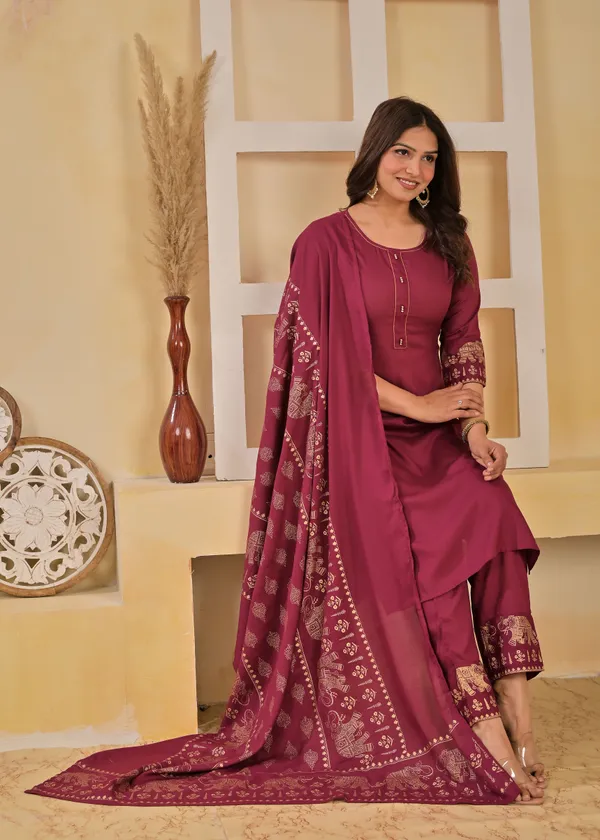 Wine_And_Black_Viscose_Rayon_Printed_Round_Neck_A-Line_Kurta_Pyjama_And_Dupatta_For_Women_And_Girls_|_Pack_Of_2