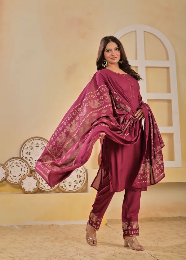 Wine_And_Black_Viscose_Rayon_Printed_Round_Neck_A-Line_Kurta_Pyjama_And_Dupatta_For_Women_And_Girls_|_Pack_Of_2