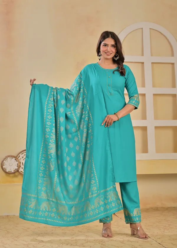 Light_Blue_Viscose_Rayon_Printed_Round_Neck_A-Line_Kurta_Pyjama_And_Dupatta_For_Women_And_Girls