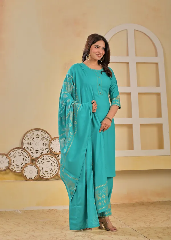 Light_Blue_Viscose_Rayon_Printed_Round_Neck_A-Line_Kurta_Pyjama_And_Dupatta_For_Women_And_Girls