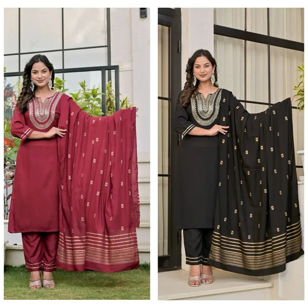 Black_And_Maroon_Viscose_Rayon_Embroidered_Round_Neck_A-Line_Kurta_Pyjama_And_Dupatta_For_Women_And_Girls_|_Pack_Of_2