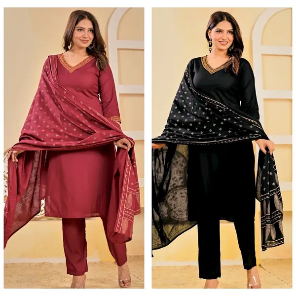 Maroon_And_Black_Viscose_Rayon_Embroidered_V_Neck_A-Line_Kurta_Pant_And_Dupatta_For_Women_And_Girls_|_Pack_Of_2