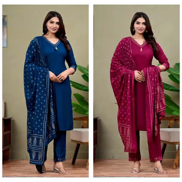 Maroon_And_Dark_Blue_Viscose_Rayon_Embroidered_V_Neck_Straight_Kurta_Pyjama_And_Dupatta_For_Women_And_Girls_|_Pack_Of_2