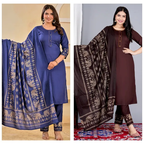 Brown_And_Blue_Viscose_Rayon_Printed_Round_Neck_A-Line_Kurta_Pyjama_And_Dupatta_For_Women_And_Girls_|_Pack_Of_2