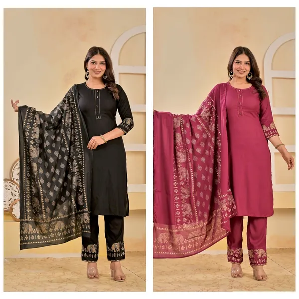 Wine_And_Black_Viscose_Rayon_Printed_Round_Neck_A-Line_Kurta_Pyjama_And_Dupatta_For_Women_And_Girls_|_Pack_Of_2