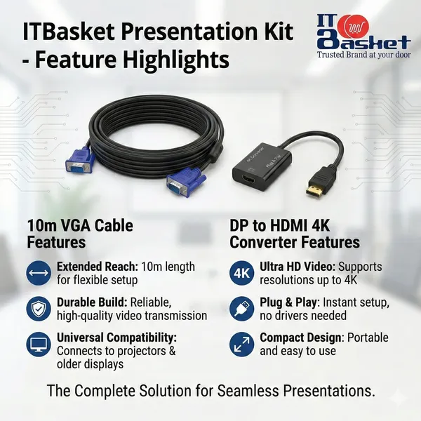ITBasket_Presentation_Kit_Vga_10M_Cable_+_Dp_To_Hdmi_4K_Converter_Plug_&_Play