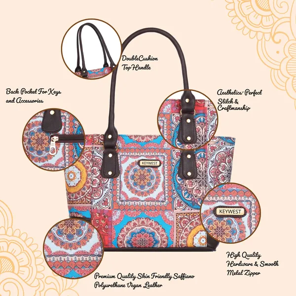 Keywest_Women's_Jute_Print_Office_Bag_|_Stylish_Bags_for_Office_Use_|_Laptop_Bag_15.6_inch_|_Stylish_Tote_for_Office_Use_|_Purse_for_Women_|_Vegan_Leather_Handbag_|_Daily_&_Travel_Use_|_Mandala_Print