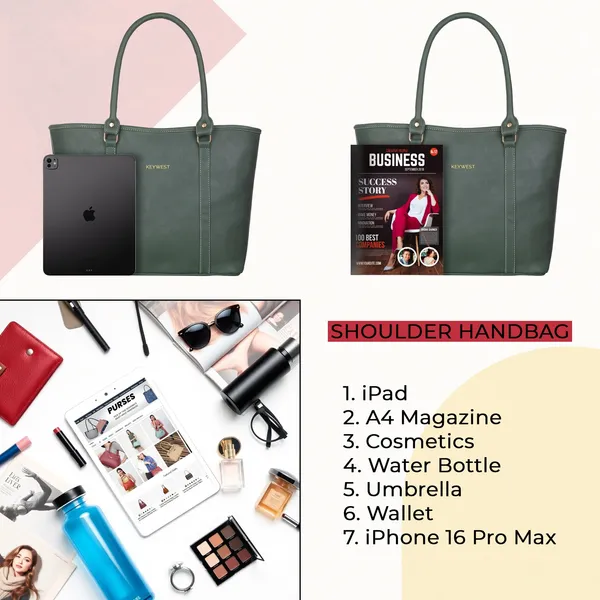 Keywest_Women's_Vegan_Leather_Luxe_Spade_Tote_Handbag_for_Women_|_Office_Bag_for_Work_|_Ladies_Purse_|_Stylish_Shoulder_Bag_|_Laptop_Bag_15.6_inch_|_Gift_For_Women_|_Green