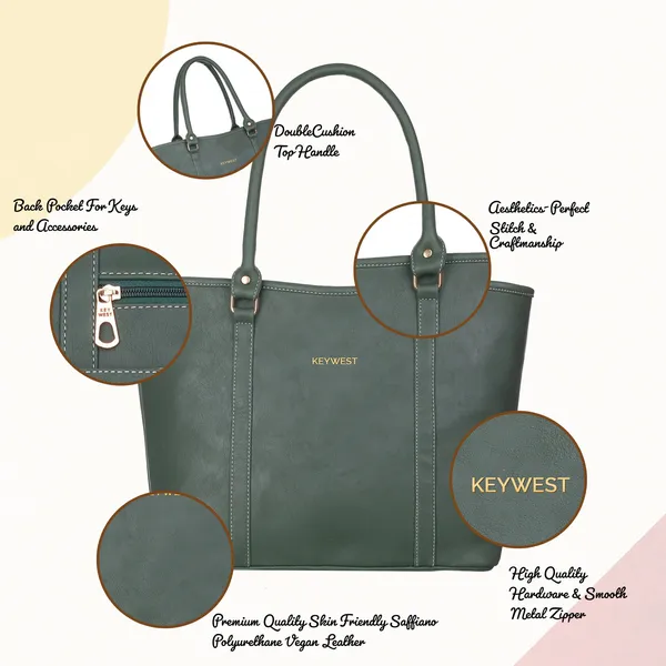 Keywest_Women's_Vegan_Leather_Luxe_Spade_Tote_Handbag_for_Women_|_Office_Bag_for_Work_|_Ladies_Purse_|_Stylish_Shoulder_Bag_|_Laptop_Bag_15.6_inch_|_Gift_For_Women_|_Green