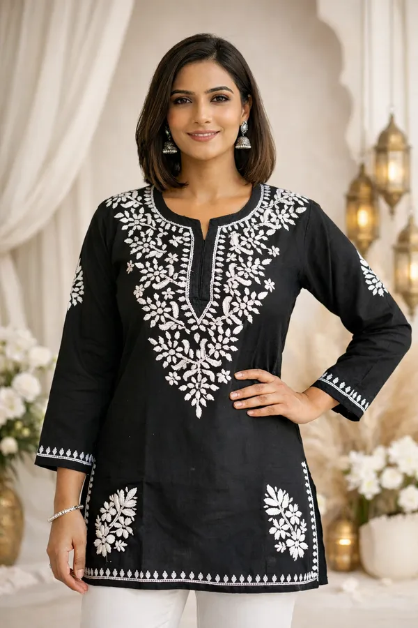 Pure_Chikankari_Black_Cotton_Short_Top_For_Women