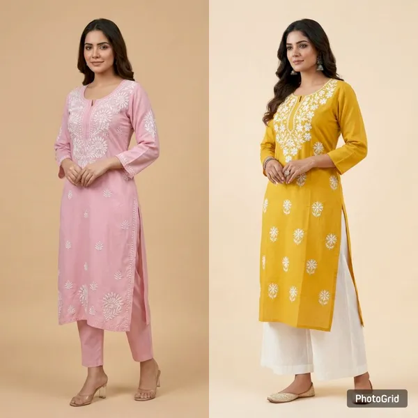 Pure_Chikankari_Baby_Pink_And_Pure_Chikankari_Yellow_Rayon_Long_Kurti_For_Women_(Pack_Of_2)
