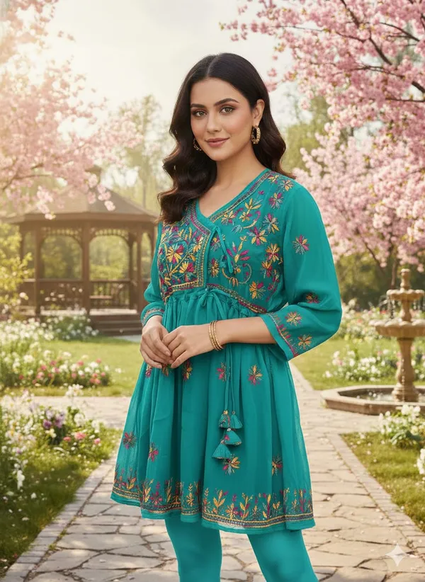 Pure_Chikankari_Peacock_Green_Georgette__Short_Frock_For_Women