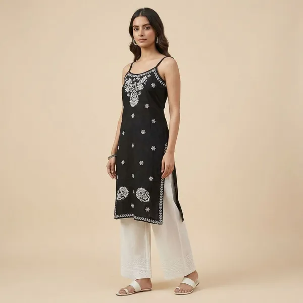 Pure_Chikankari_Black_Rayon_Sleeveless_Kurti_For_Women