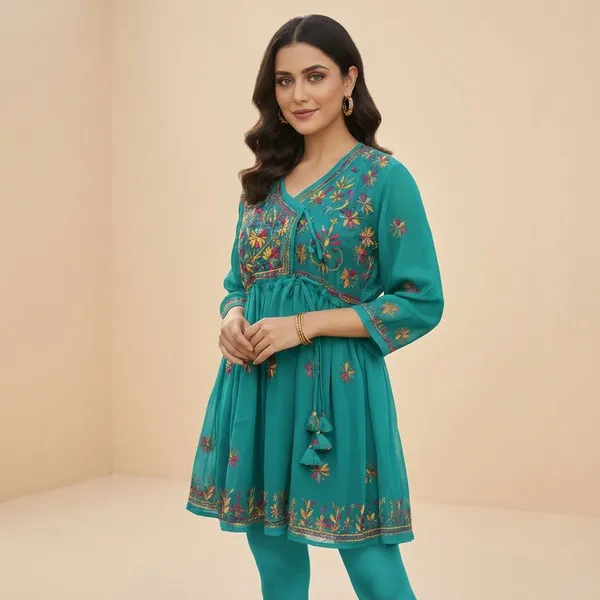 Pure_Chikankari_Peacock_Green_Georgette__Short_Frock_For_Women