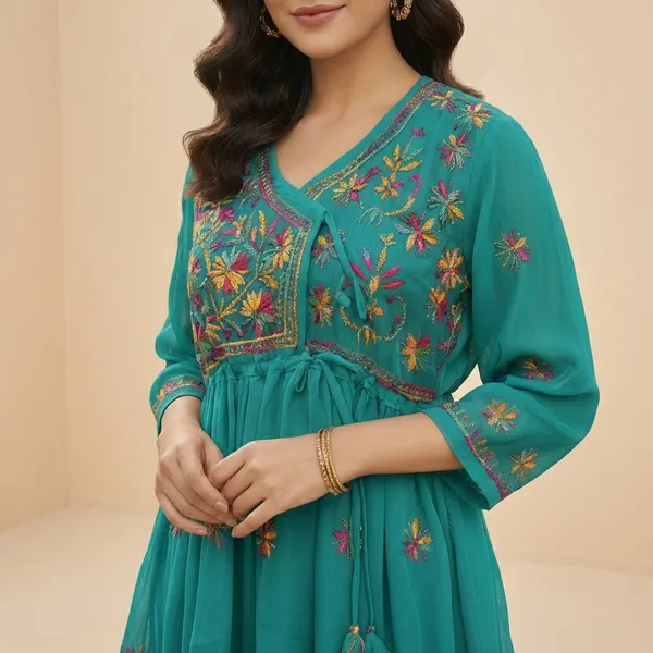 Pure_Chikankari_Peacock_Green_Georgette__Short_Frock_For_Women