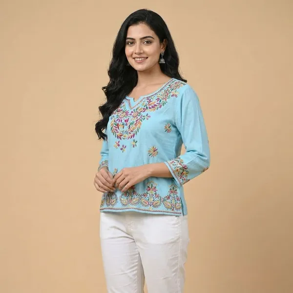 Pure_Chikankari_Sky_Blue_Rayon_Short_Top_For_Women