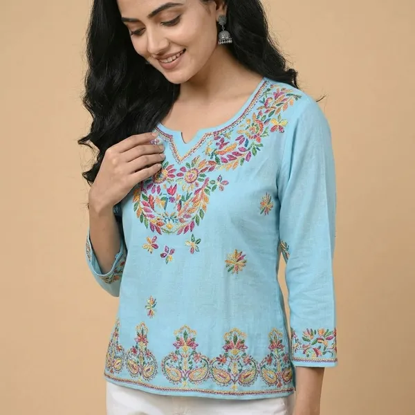 Pure_Chikankari_Sky_Blue_Rayon_Short_Top_For_Women