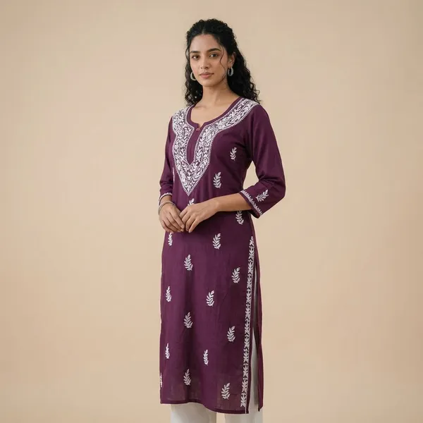 Pure_Chikankari_Burgundy_Rayon_Long_Kurti_For_Women