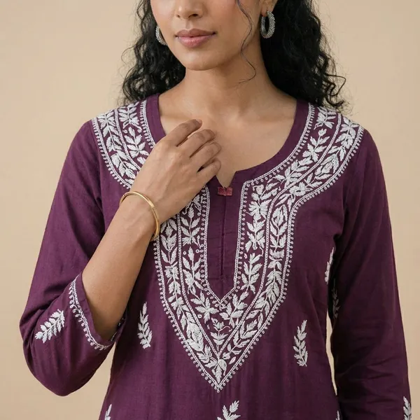 Pure_Chikankari_Burgundy_Rayon_Long_Kurti_For_Women