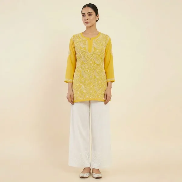 Pure_Chikankari_Yellow_Georgette__Short_Top_For_Women