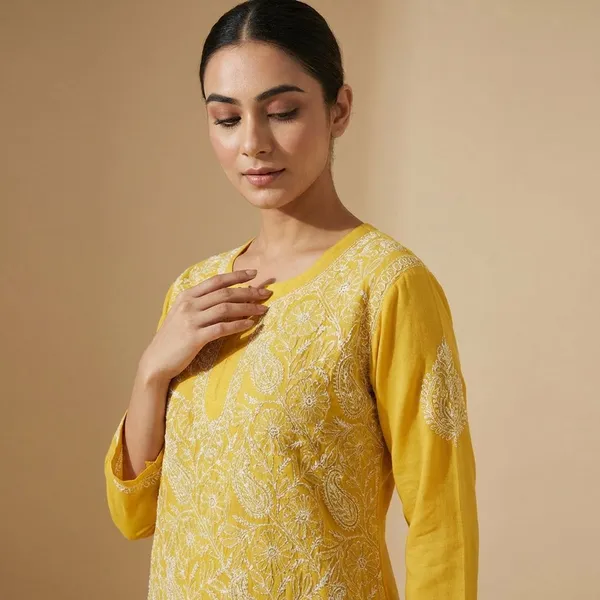 Pure_Chikankari_Yellow_Georgette__Short_Top_For_Women