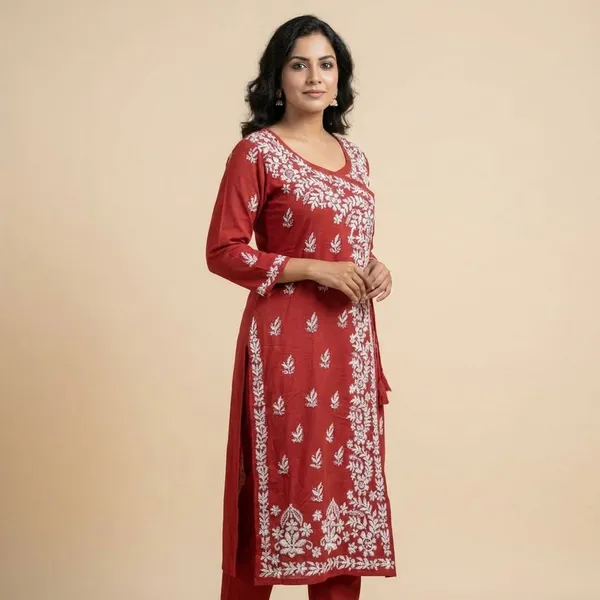 Pure_Chikankari_Red_Cotton_Angrakha_For_Women