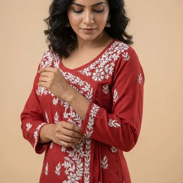 Pure_Chikankari_Red_Cotton_Angrakha_For_Women