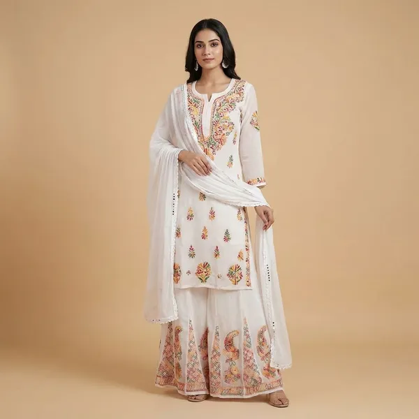 Pure_Chikankari_White_Georgette_3-Piece_Set_For_Women