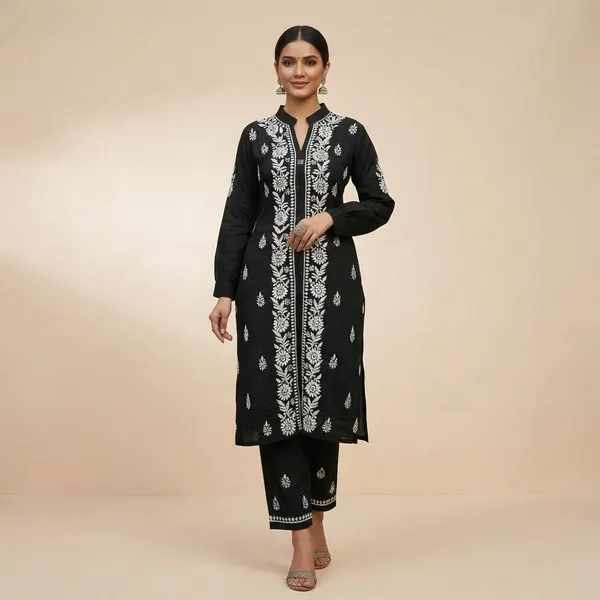 Pure_Chikankari_Black_Rayon_Pant_Set_For_Women