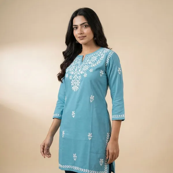 Pure_Chikankari_Sky_Blue_Cotton_Short_Top_For_Women