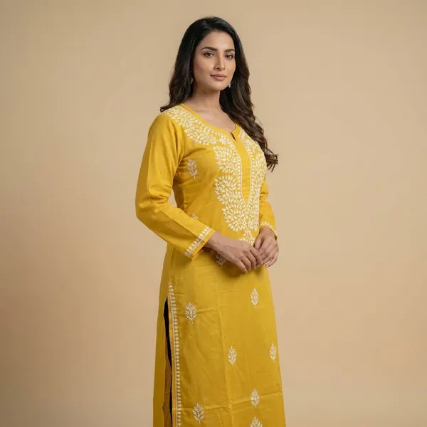 Pure_Chikankari_Yellow_Cotton_Long_Kurti_For_Women