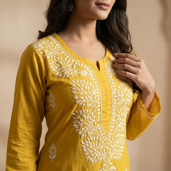 Pure_Chikankari_Yellow_Cotton_Long_Kurti_For_Women