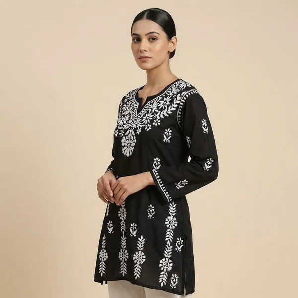 Pure_Chikankari_Black_Rayon_Short_Kurti_For_Women