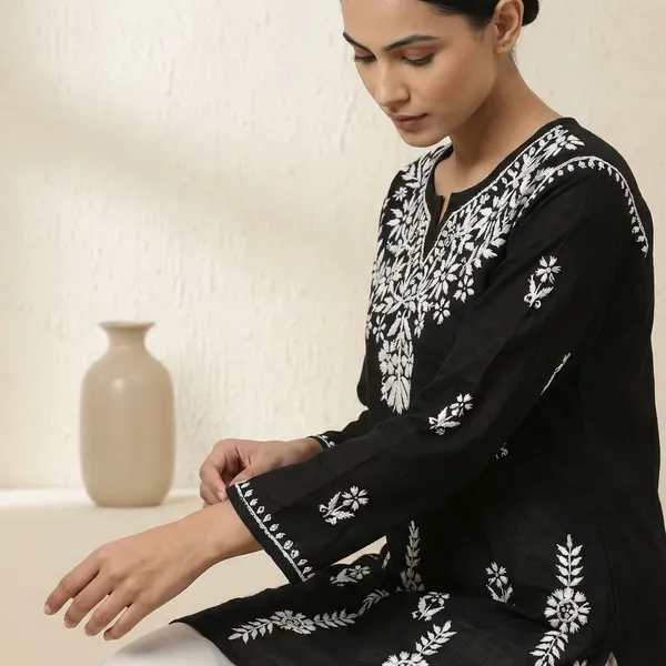 Pure_Chikankari_Black_Rayon_Short_Kurti_For_Women