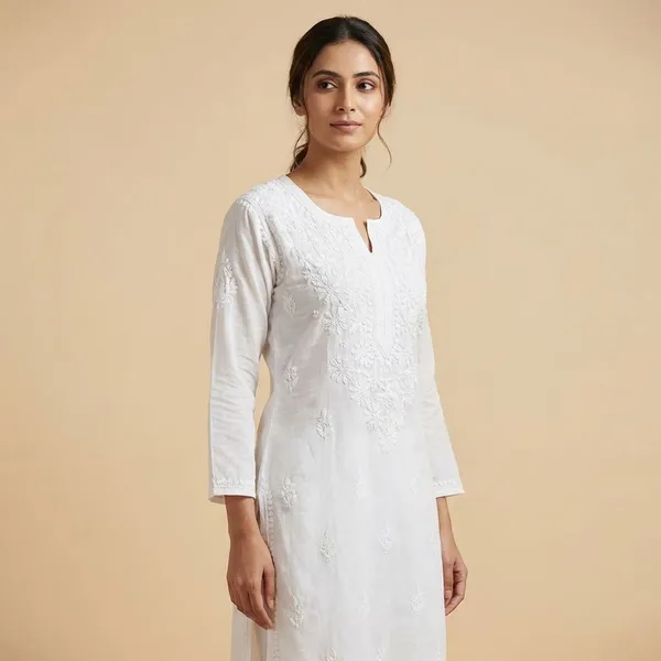 Pure_Chikankari_White_Cotton_Long_Kurta_For_Women