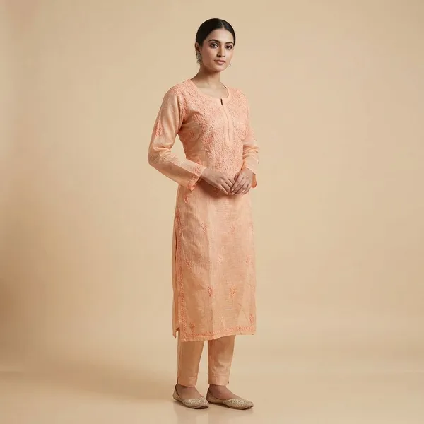 Pure_Chikankari_Peach_Kota_Dori_Long_Kurti_For_Women