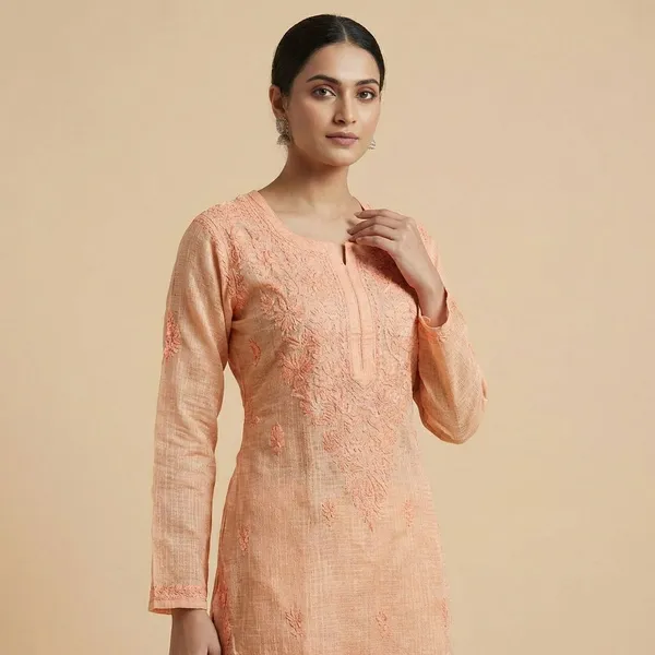 Pure_Chikankari_Peach_Kota_Dori_Long_Kurti_For_Women